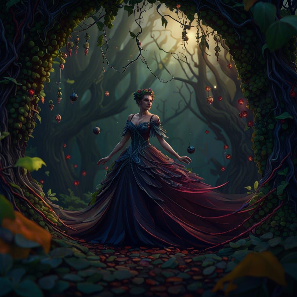 Fantasy Woman Dancing in Spooky Forest, Matte Painting
