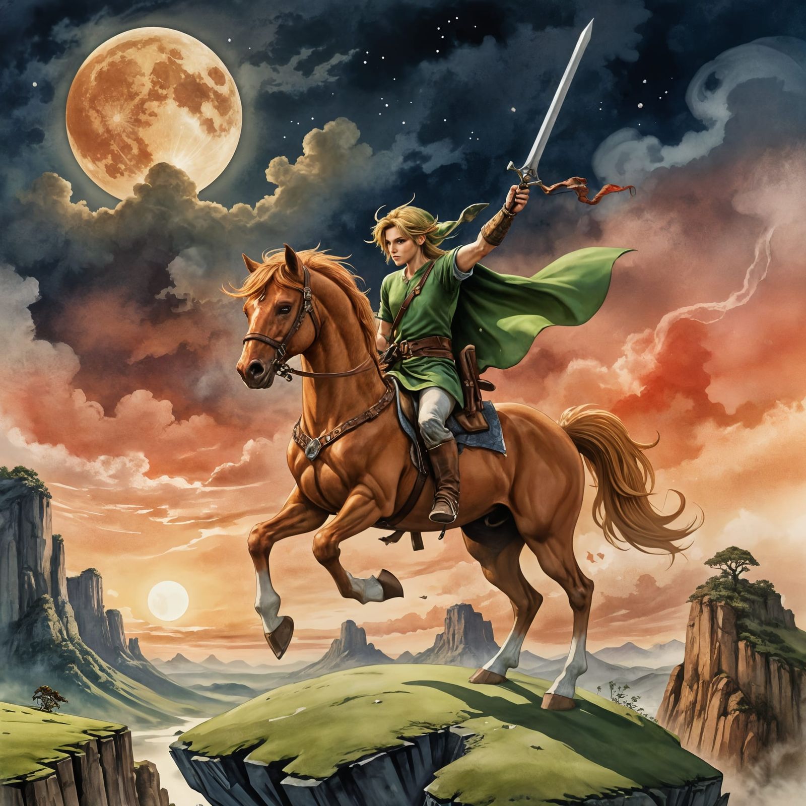 Link and Epona in Art Nouveau Watercolor