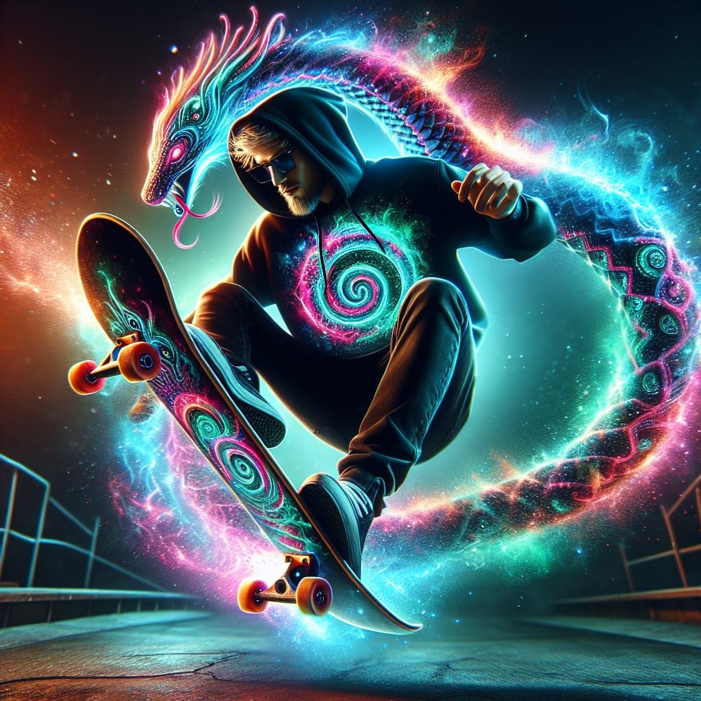 Skateboarder Kickflip with Neon Ouroboros Hoodie