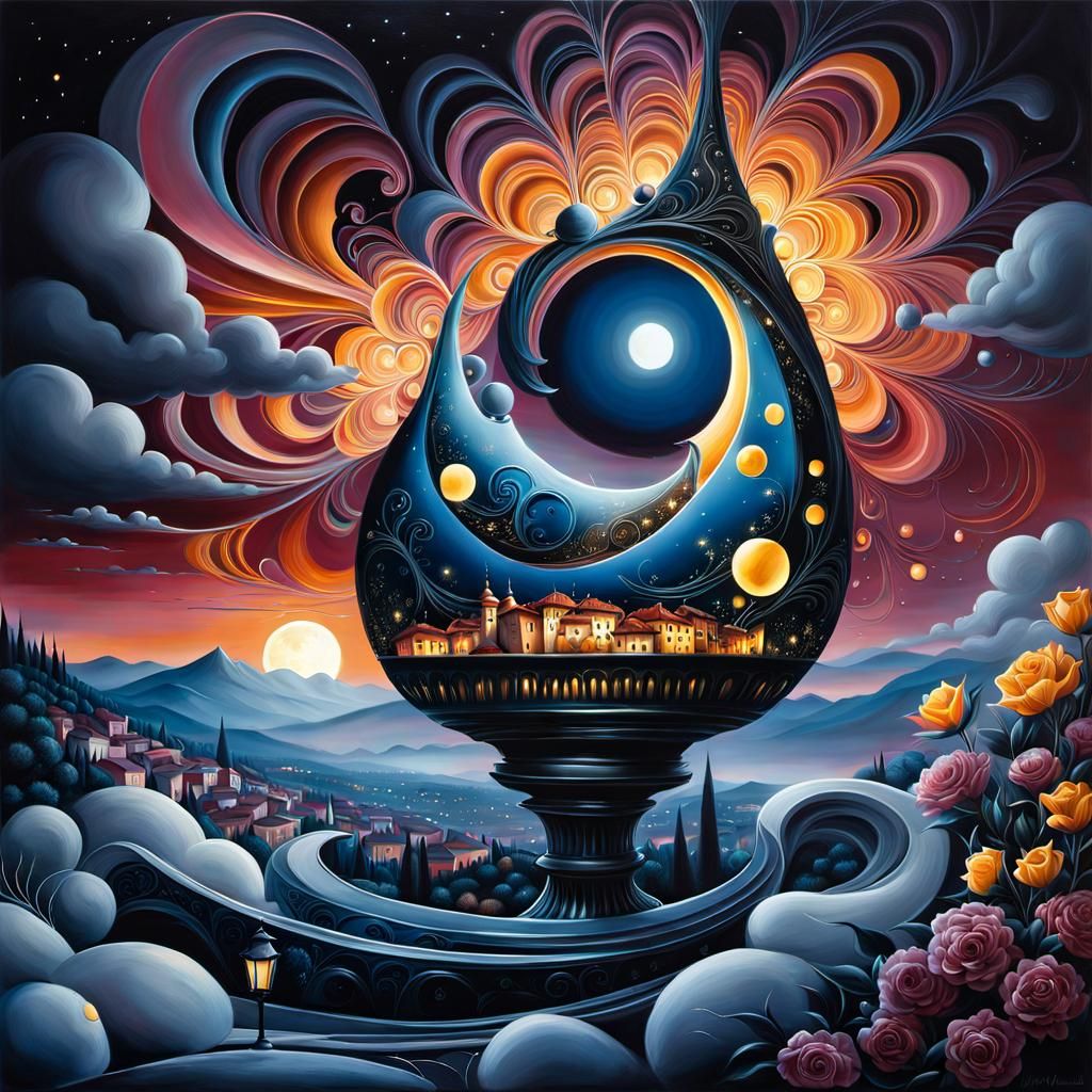 Italian Town at Night with Metallic Moonlight