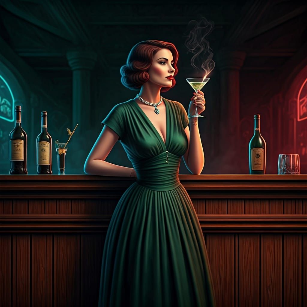 Sophisticated Woman at a Vintage Neon Bar