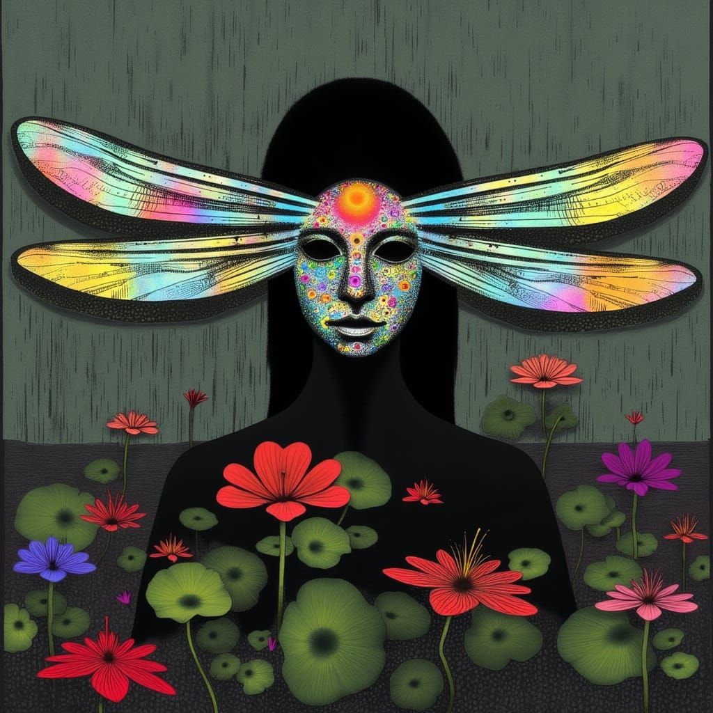 Abstract Woman with Dragonfly in Dark Futurism Collage