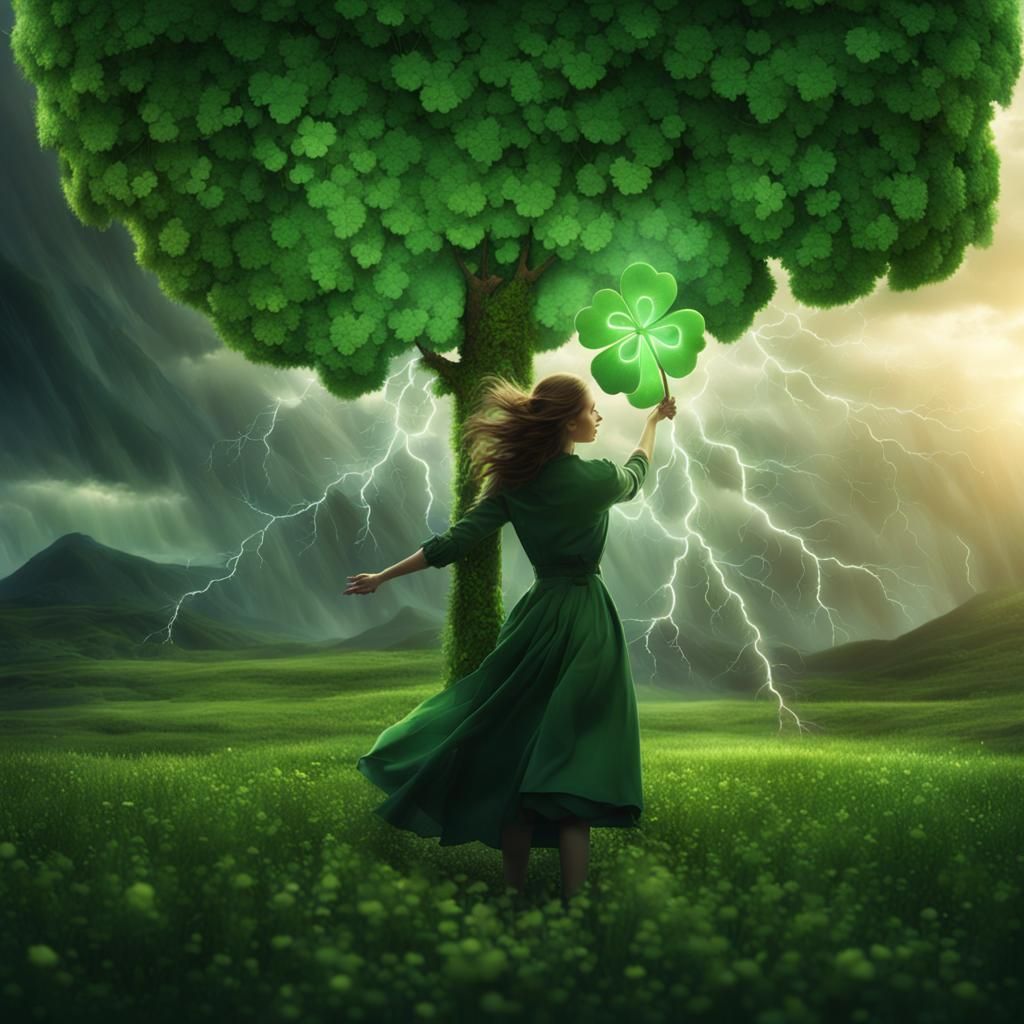 Girl with Clover in Lightning Storm: Digital Matte Painting