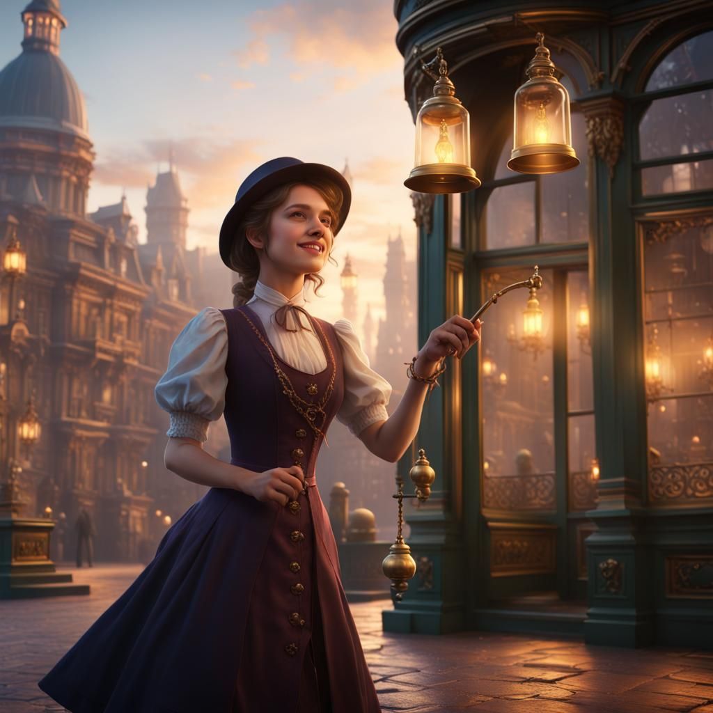 Victorian Girl Ringing Bell in Magical City