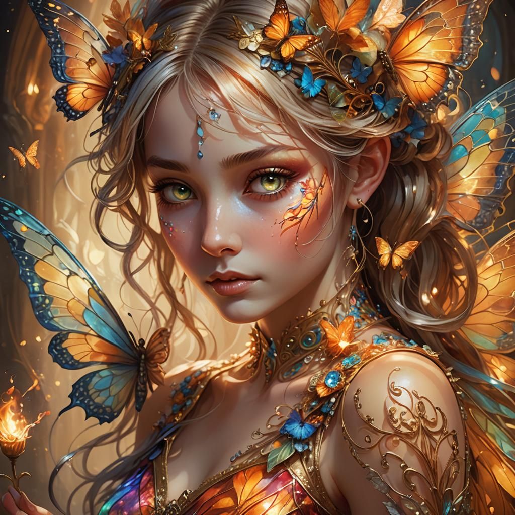 Whimsical Fairy Holds Fire Butterfly in Hyperrealism