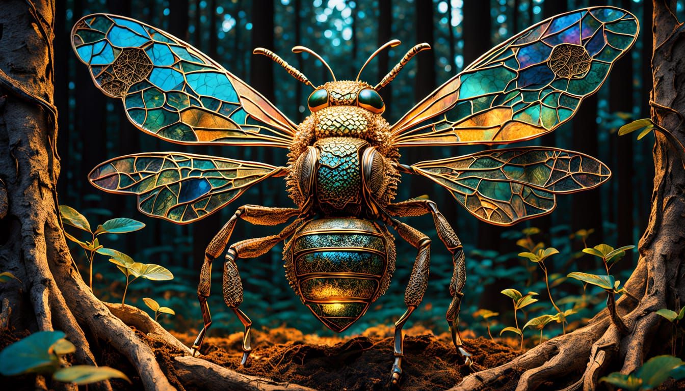 Surreal Bee Sculpture in Iridescent Wings Rises from Forest ...