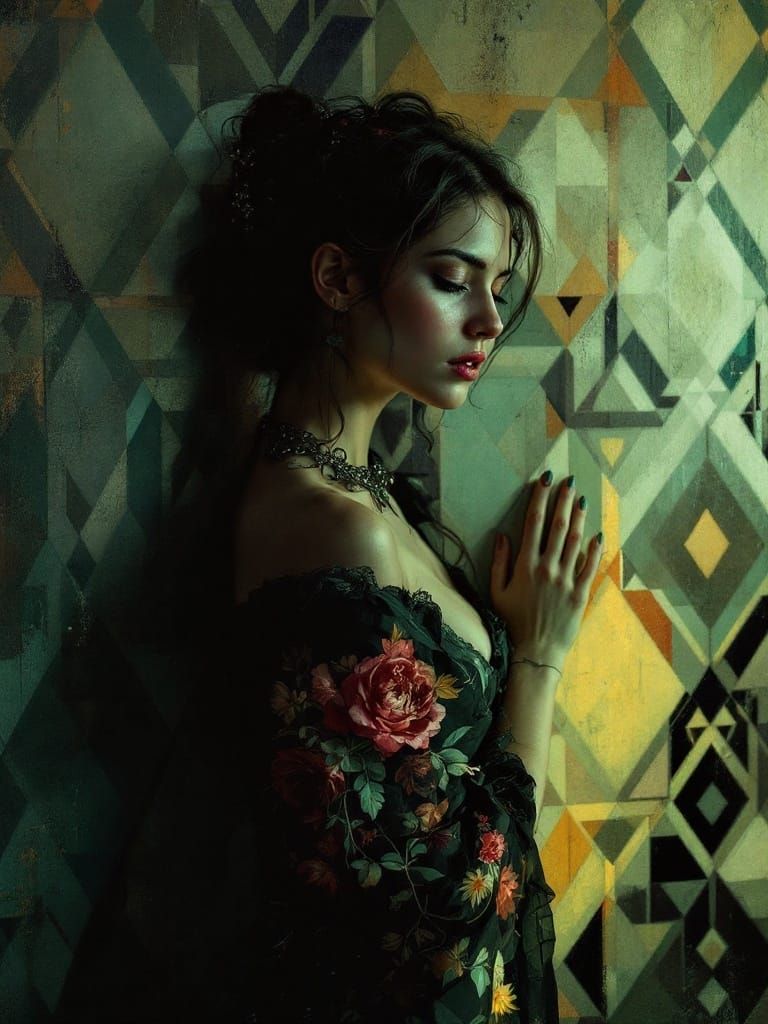Ethereal Portrait with Geometric Wall, Art Nouveau Style