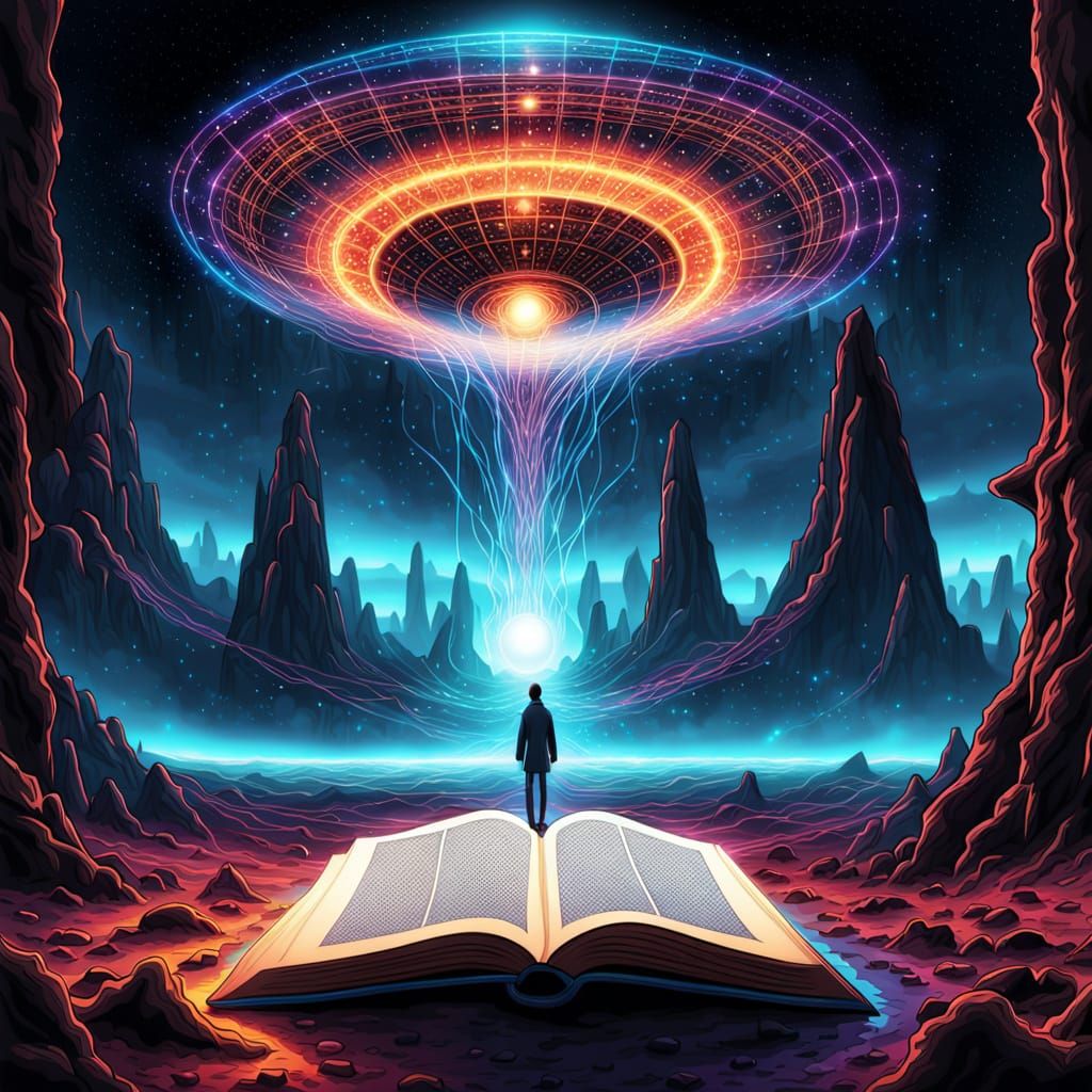 Surreal Alien Landscape With Floating Eyes and Glowing Hiero...