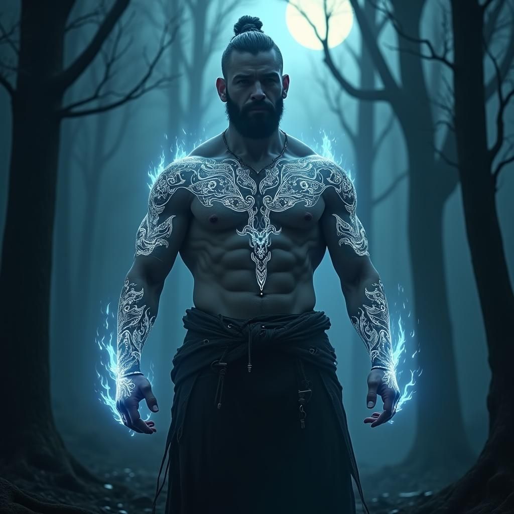 Runic Warrior in Ethereal Forest, Anime Art Style