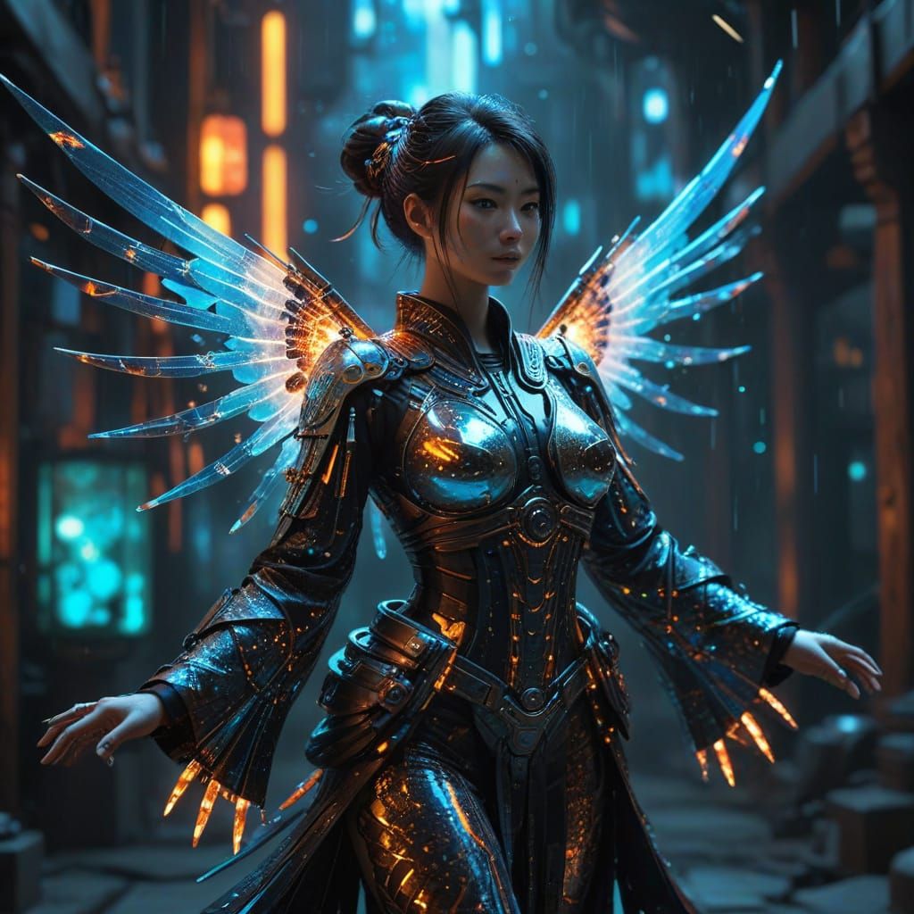 Cybernetic Kimono Assassin with Mechanical Wings