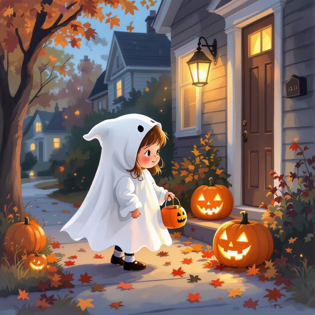Ghost Costume Girl Trick-or-Treating at Dusk