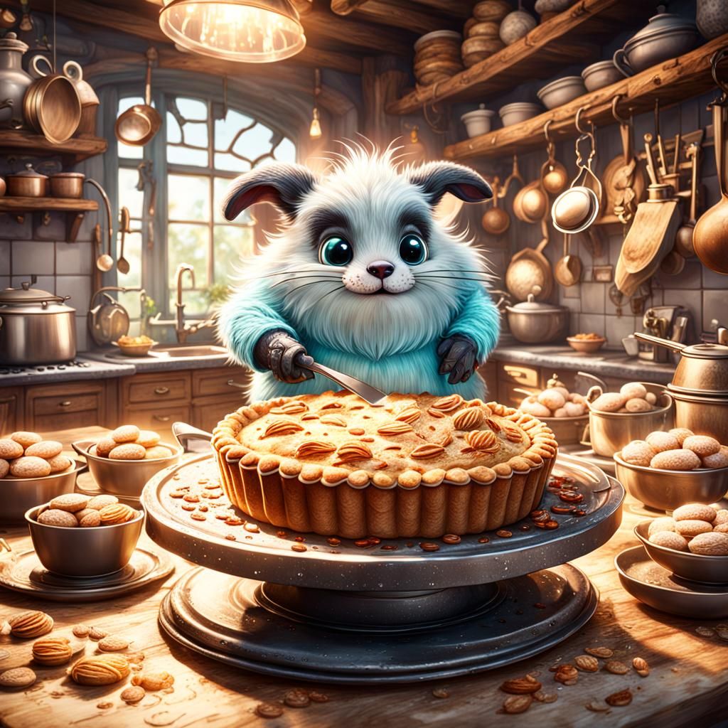 Adorable Fluffy Critter Baking Pies, Detailed Digital Painti...