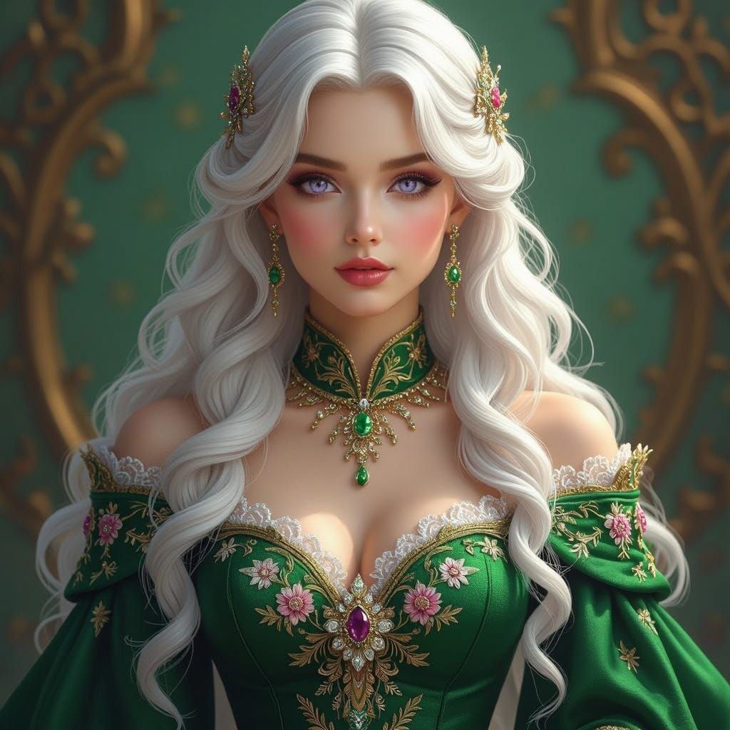 Regal Princess in Emerald Gown with Intricate Florals