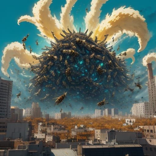 Killer Bees Swarm Town in Vibrant Anime Style