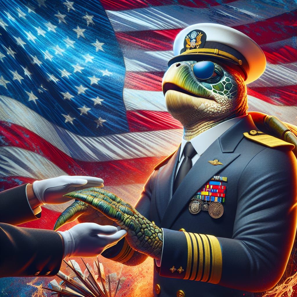 Hyperrealistic Turtle in Navy Uniform Pays Respects