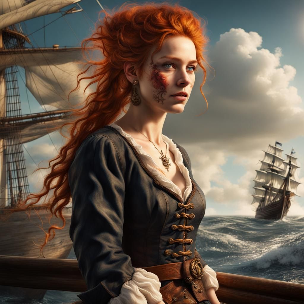 Pirate Woman in Harbor Under Dramatic Skyscape