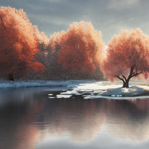 Autumnal Tree over Icy Lake: Digital Concept Art