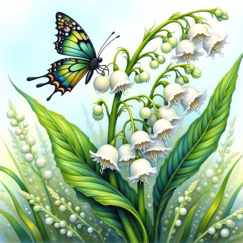 In the Lily of the Valley's gentle sway, the butterfly finds...