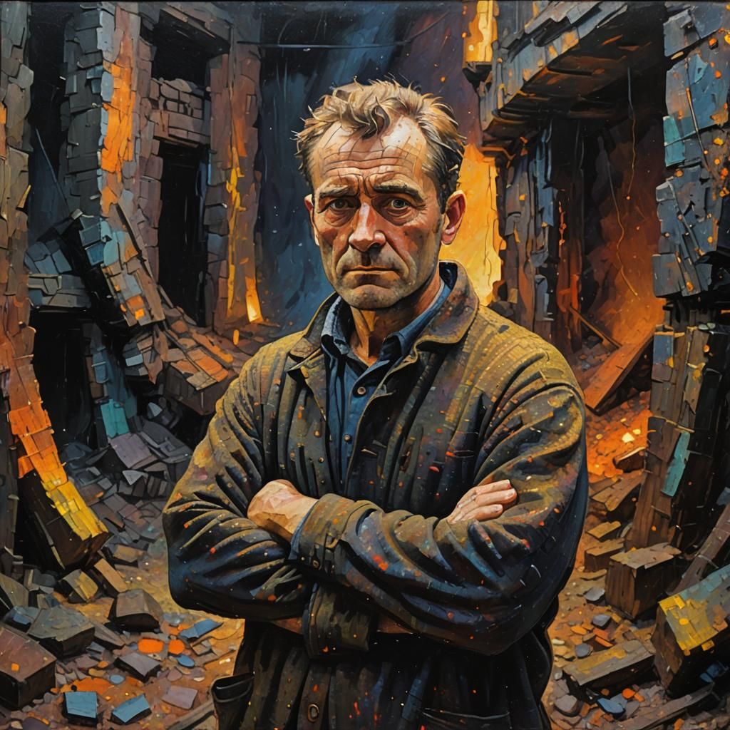 Harry Warden in Abandoned Mine: Neo-Impressionist Oil Painti...