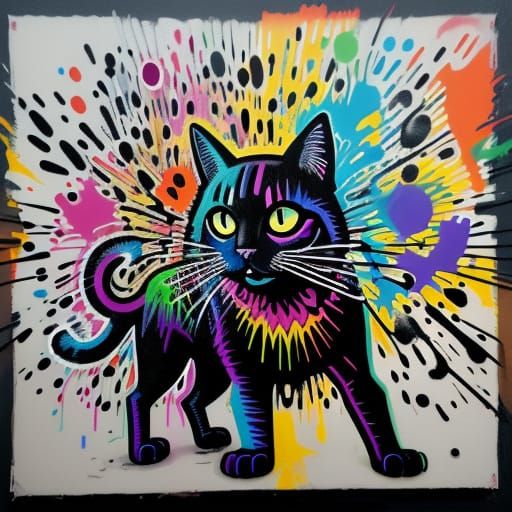 Vibrant Street Art with a Celebratory Black Cat