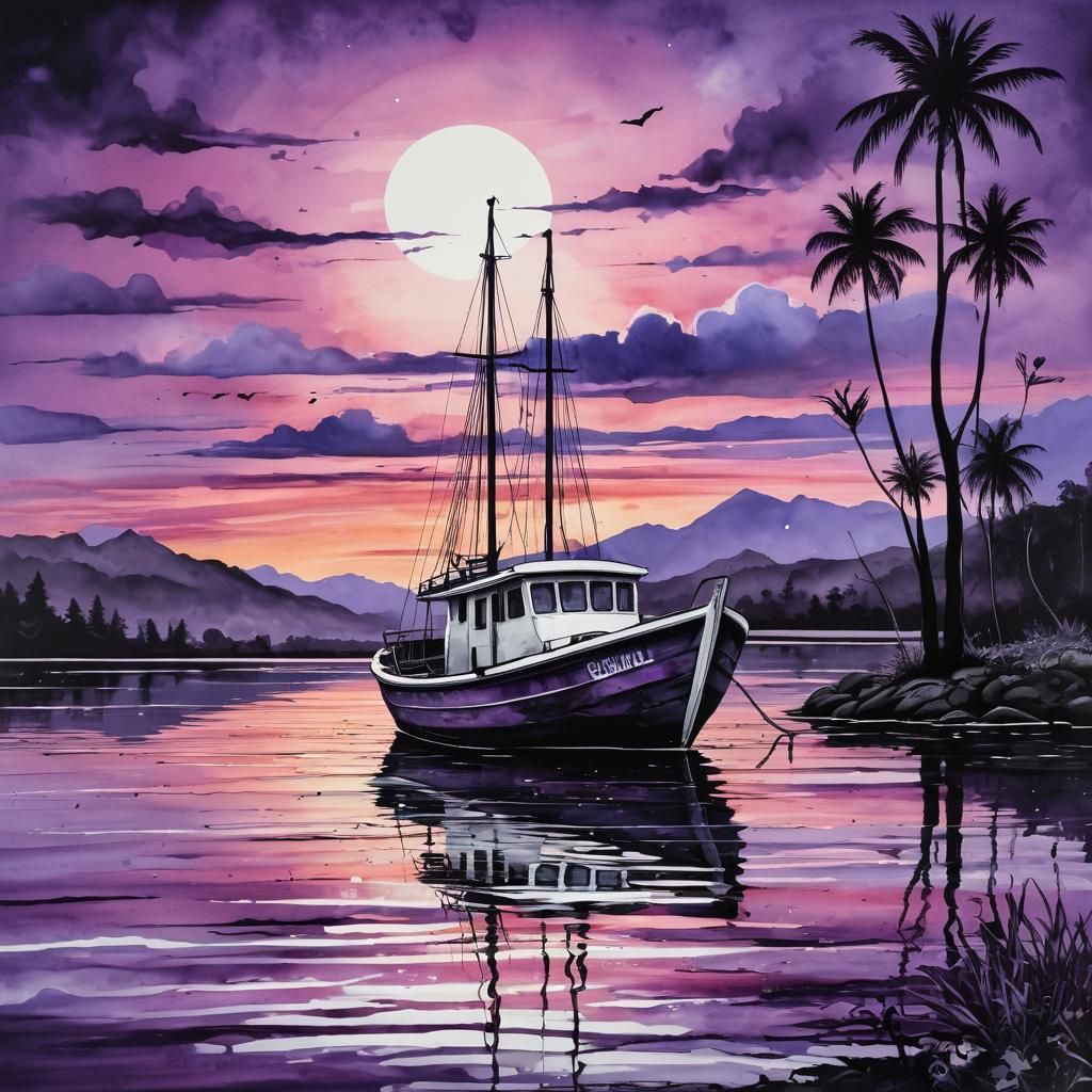 Alcohol ink painting of a boat on the lake, inspired by Alteronce Gumby, Guido Borelli da Caluso, sunset, black on purpl...