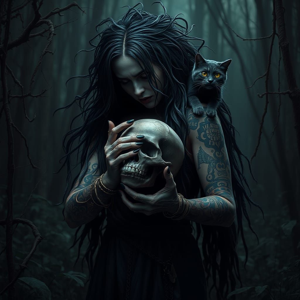 Angry Witch Portrait in Forest, Hyperrealistic Dark Fantasy