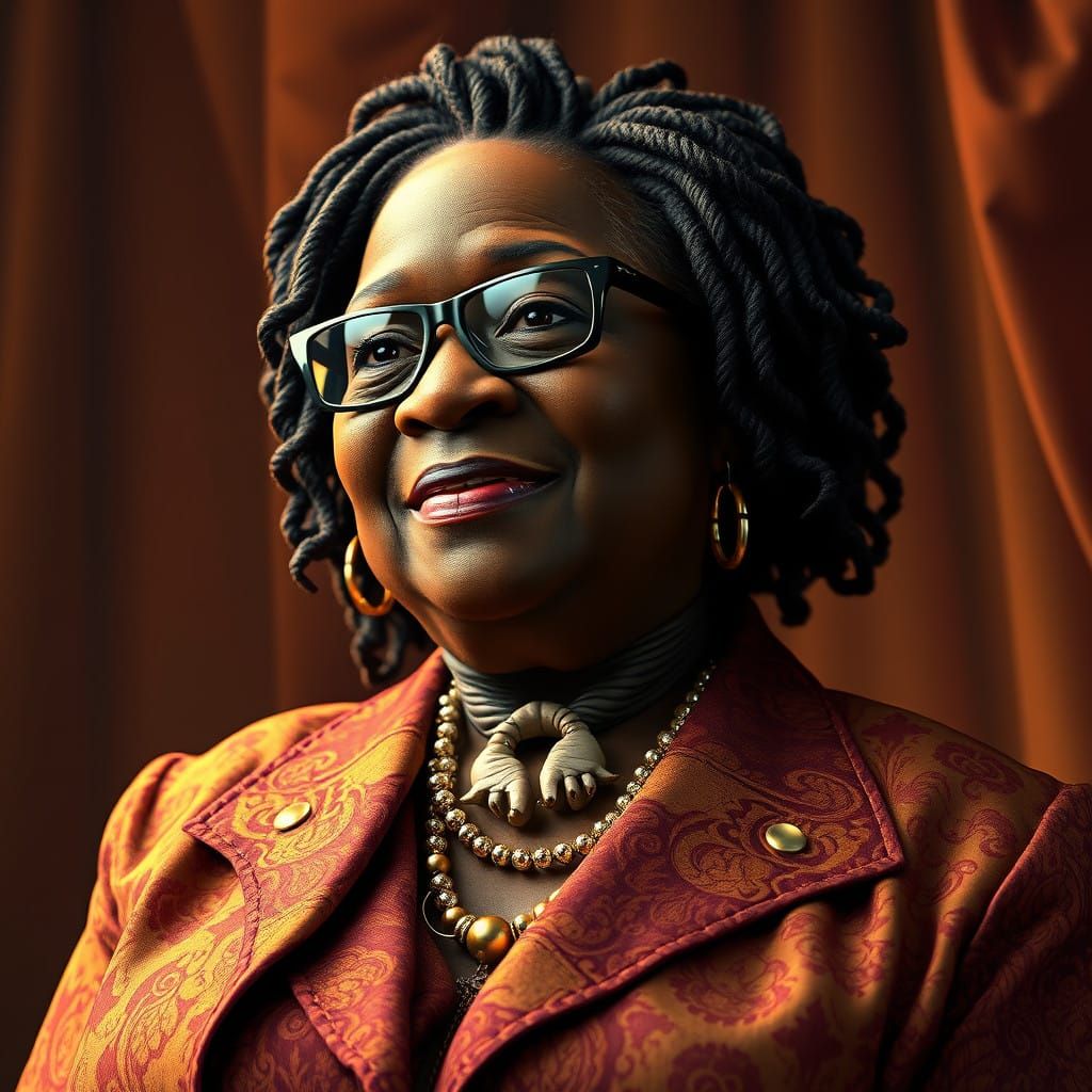 Radiant Afro Woman in Opulent Art Nouveau Jacket