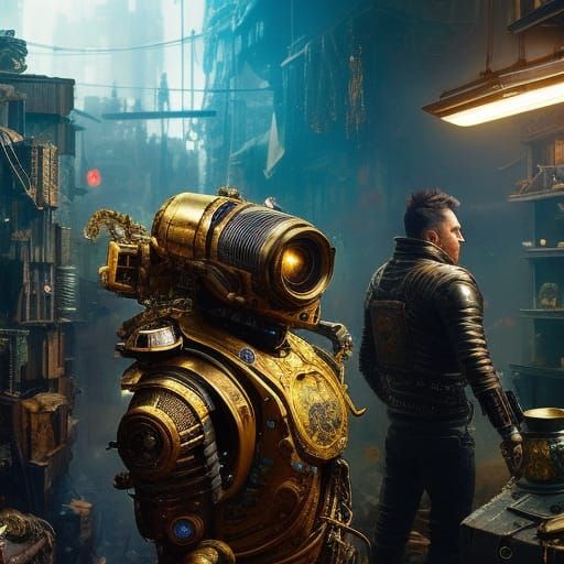 Tattooed Robot Portrait in Cluttered Workshop, Digital Art