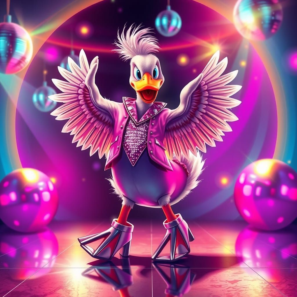 Disco Duck Dances in Futuristic Neon Style