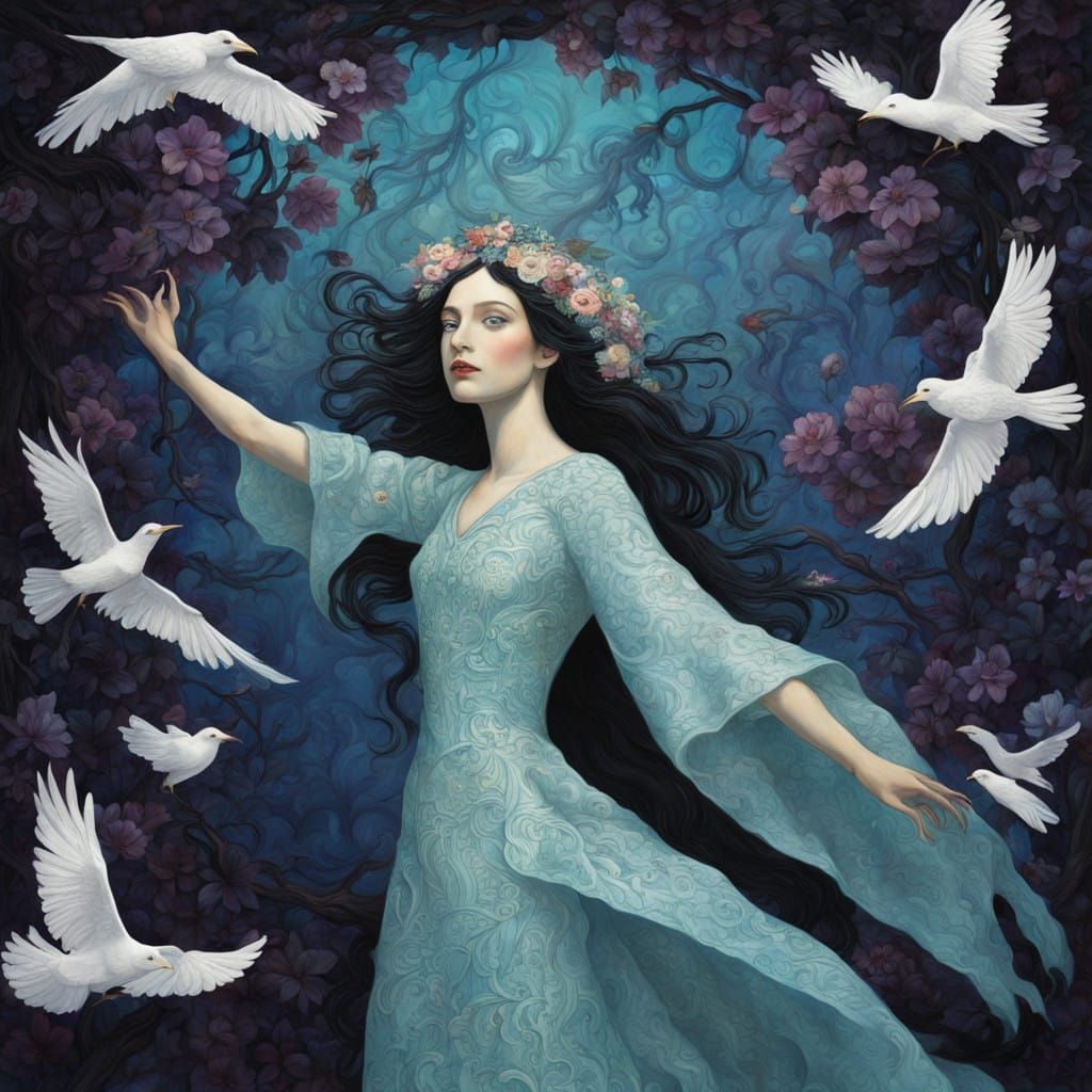 Ethereal Dancer in a Surrealist Realm with Flowers and Vines