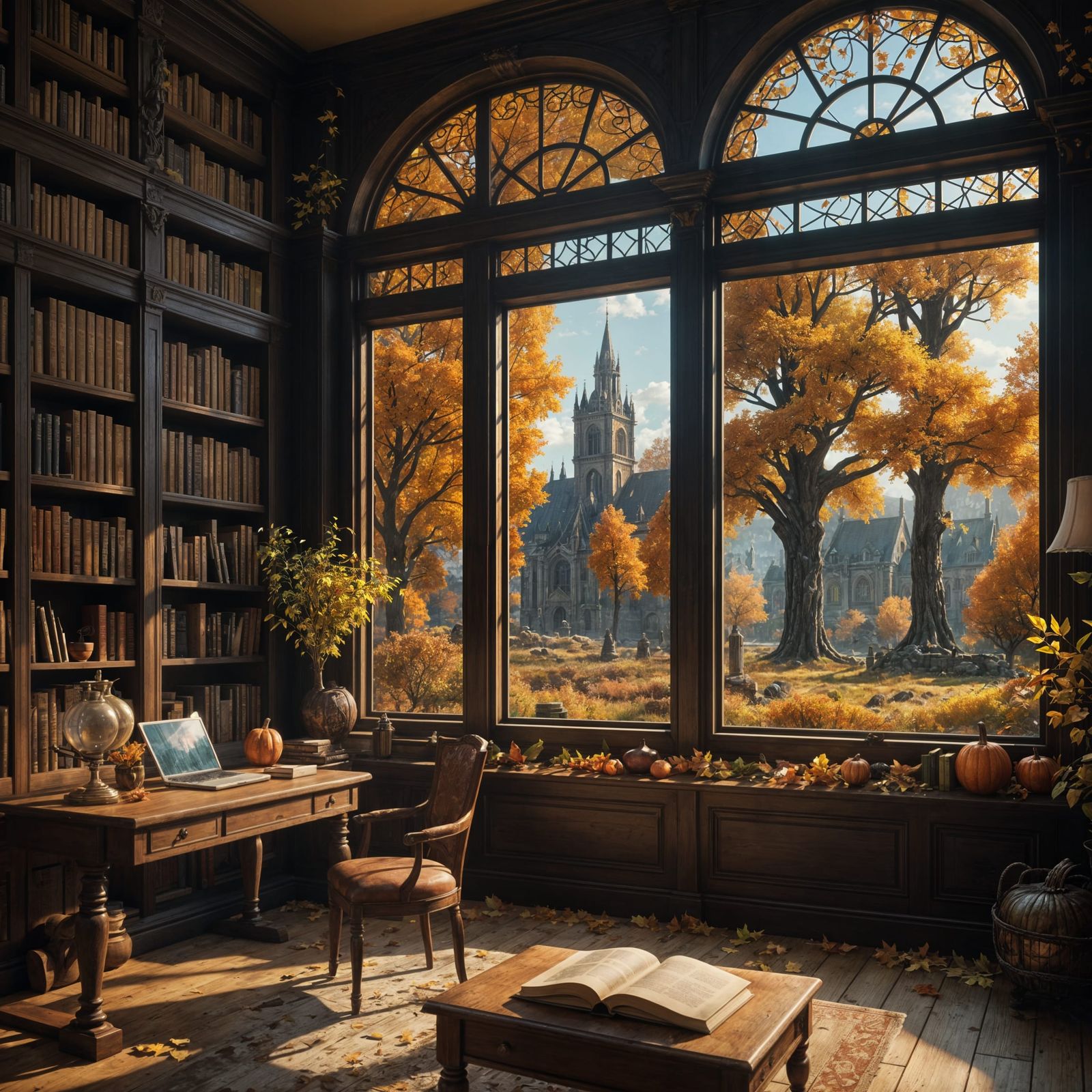 Autumn Scene Through Library Window: Detailed Matte Painting
