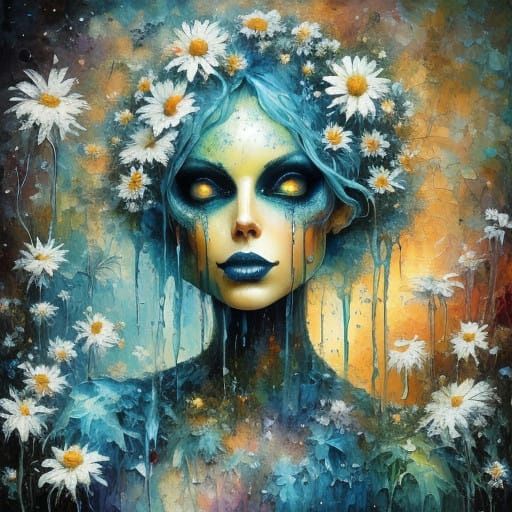 Impasto Oil Painting of Daisies in a Whimsical Fantasy Setti...