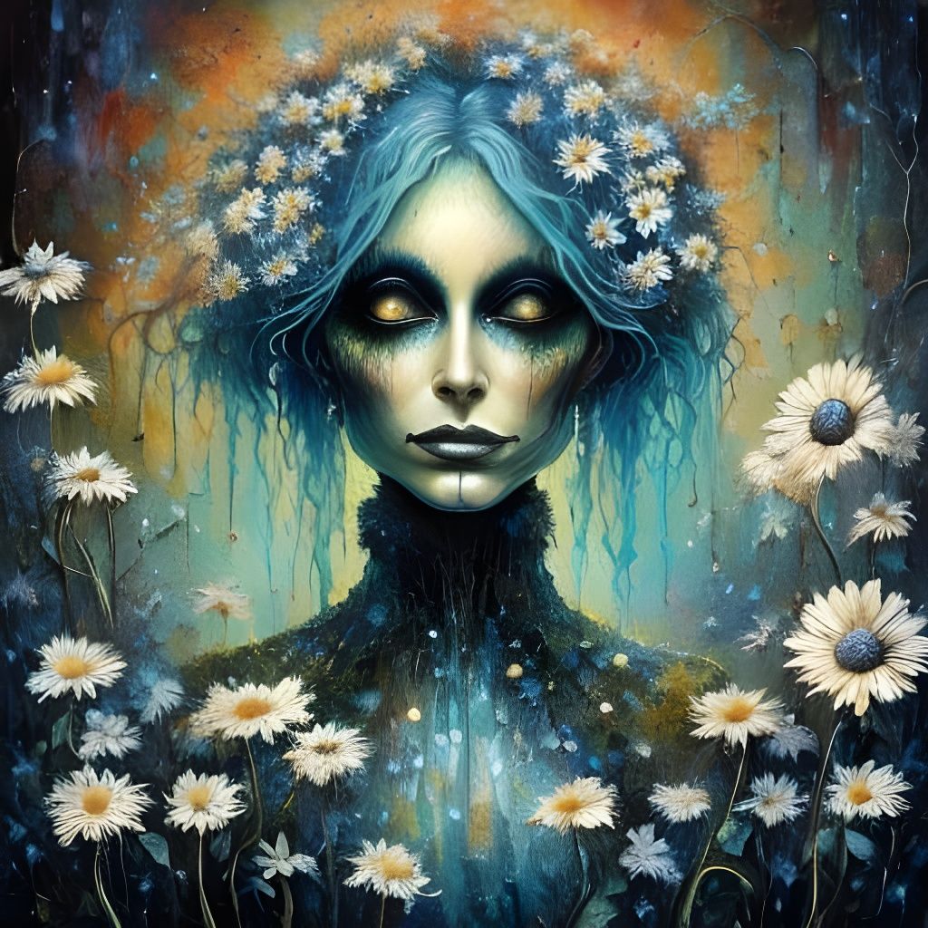 Impasto Oil Painting of Daisies in a Whimsical Fantasy Scene