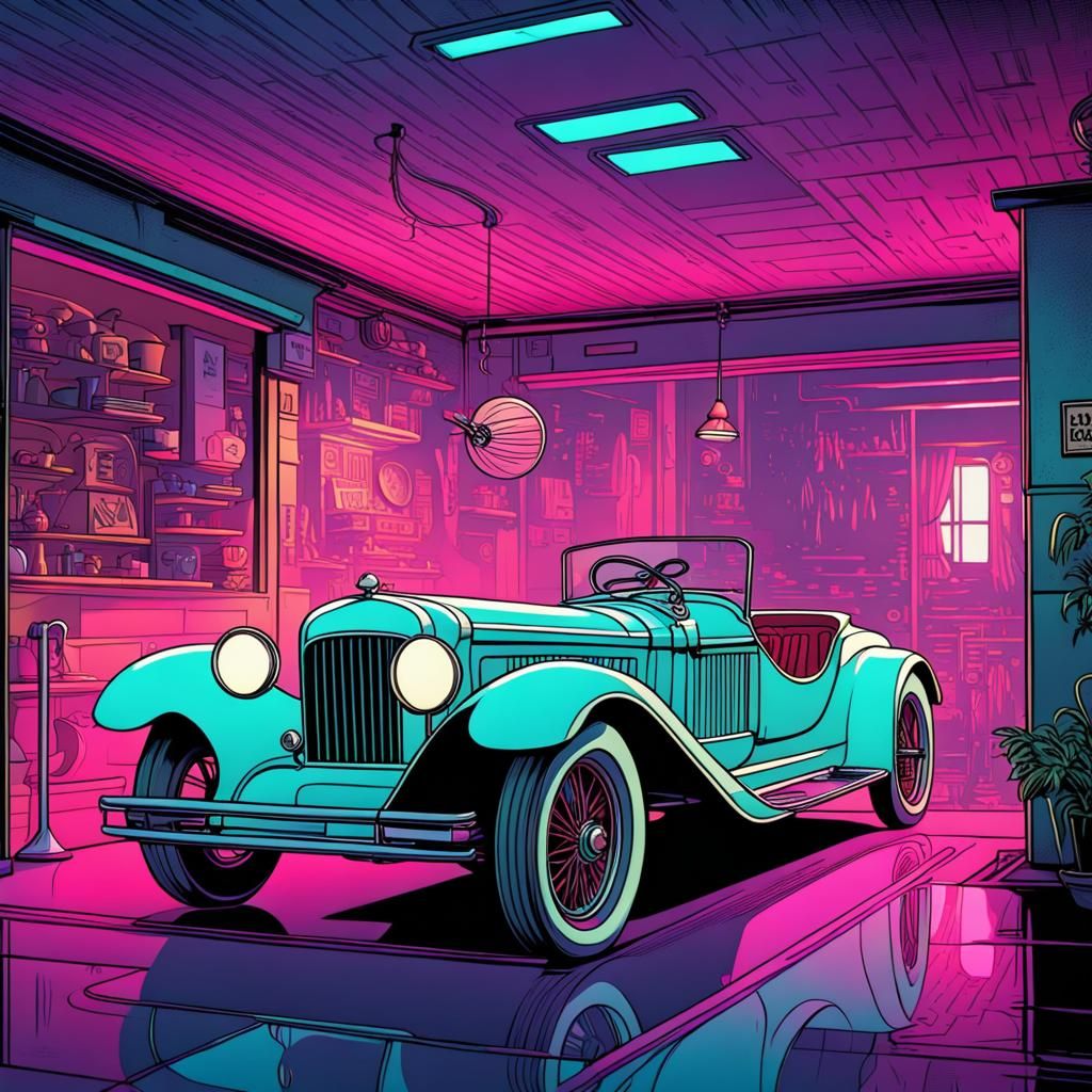 1920s Car in Swanky Garage, Comic Book Art