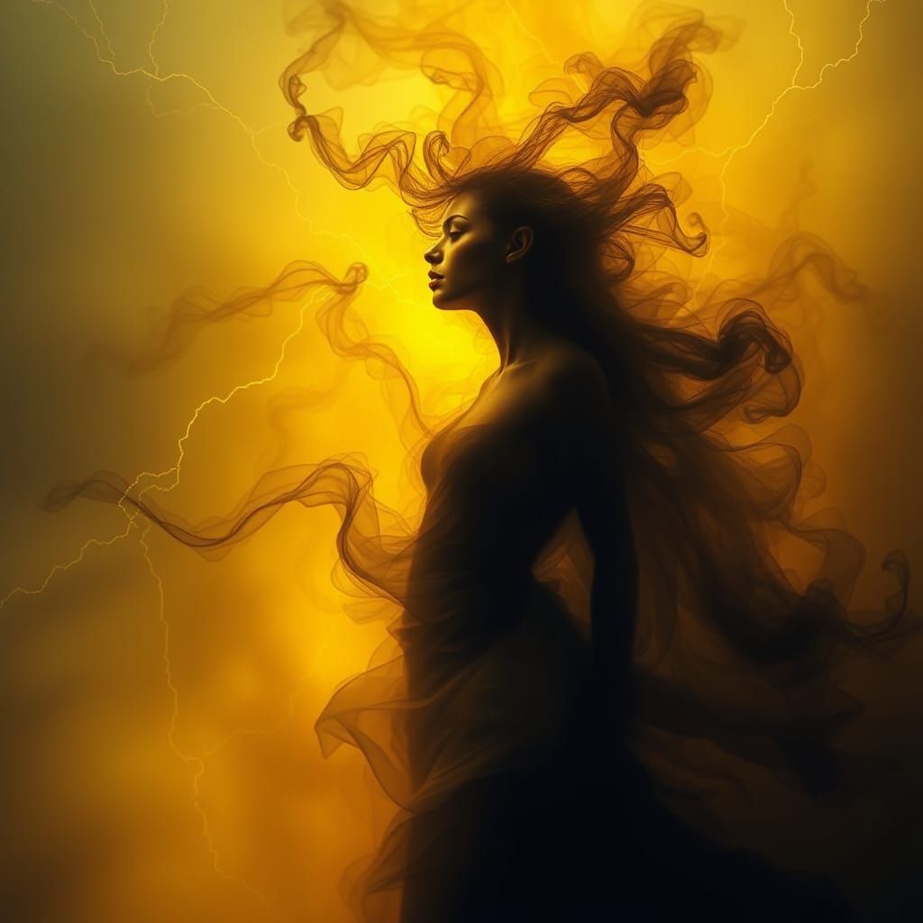 Ethereal Woman Made of Smoke in Lightning Storm