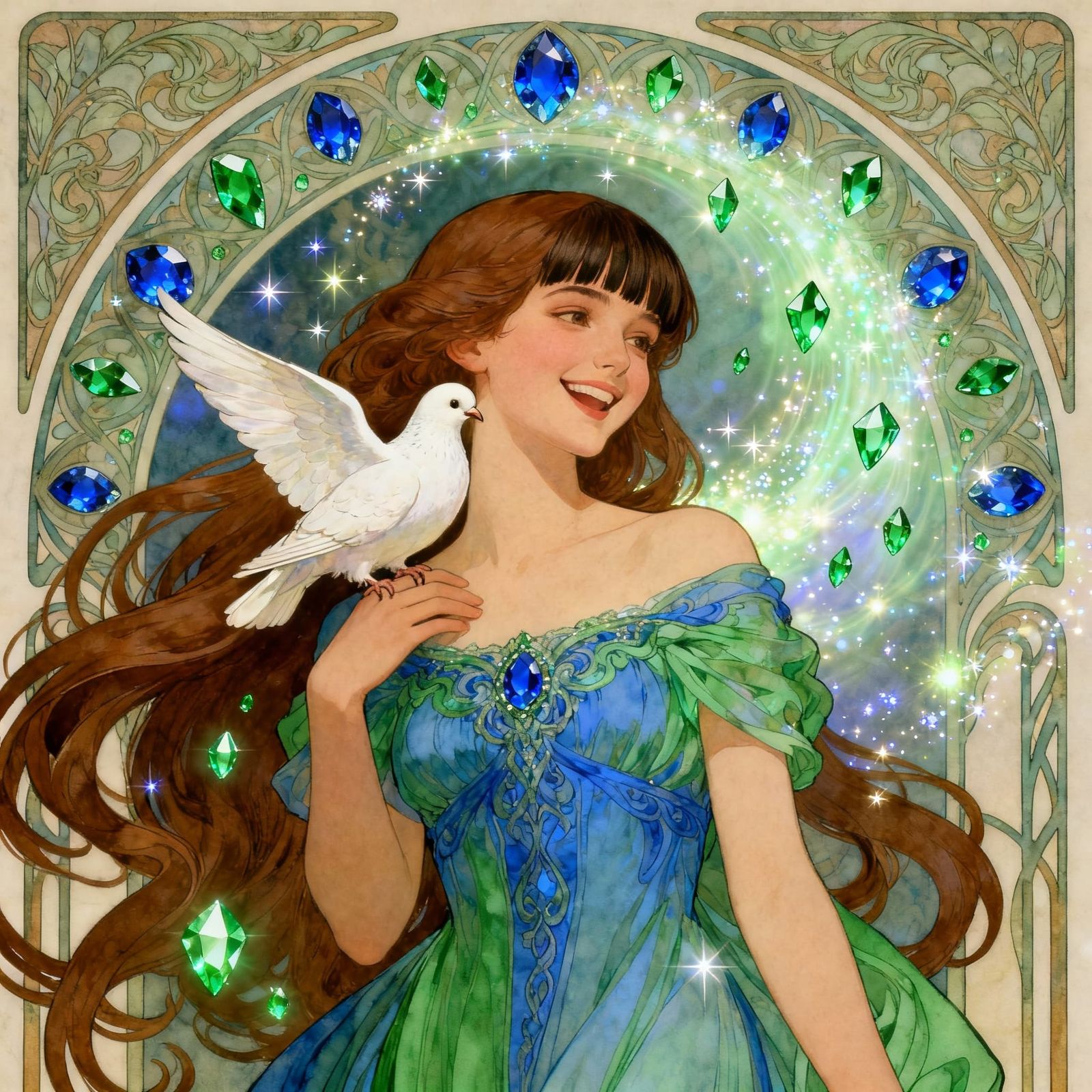 Art Nouveau Woman with Dove and Magic Aura