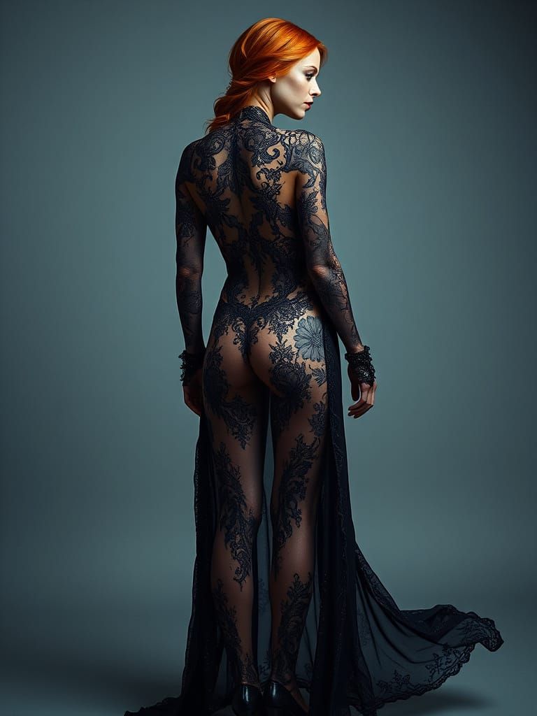 Surreal Redhead Goddess in Fractal Lace Tattoo Art Nouveau S...