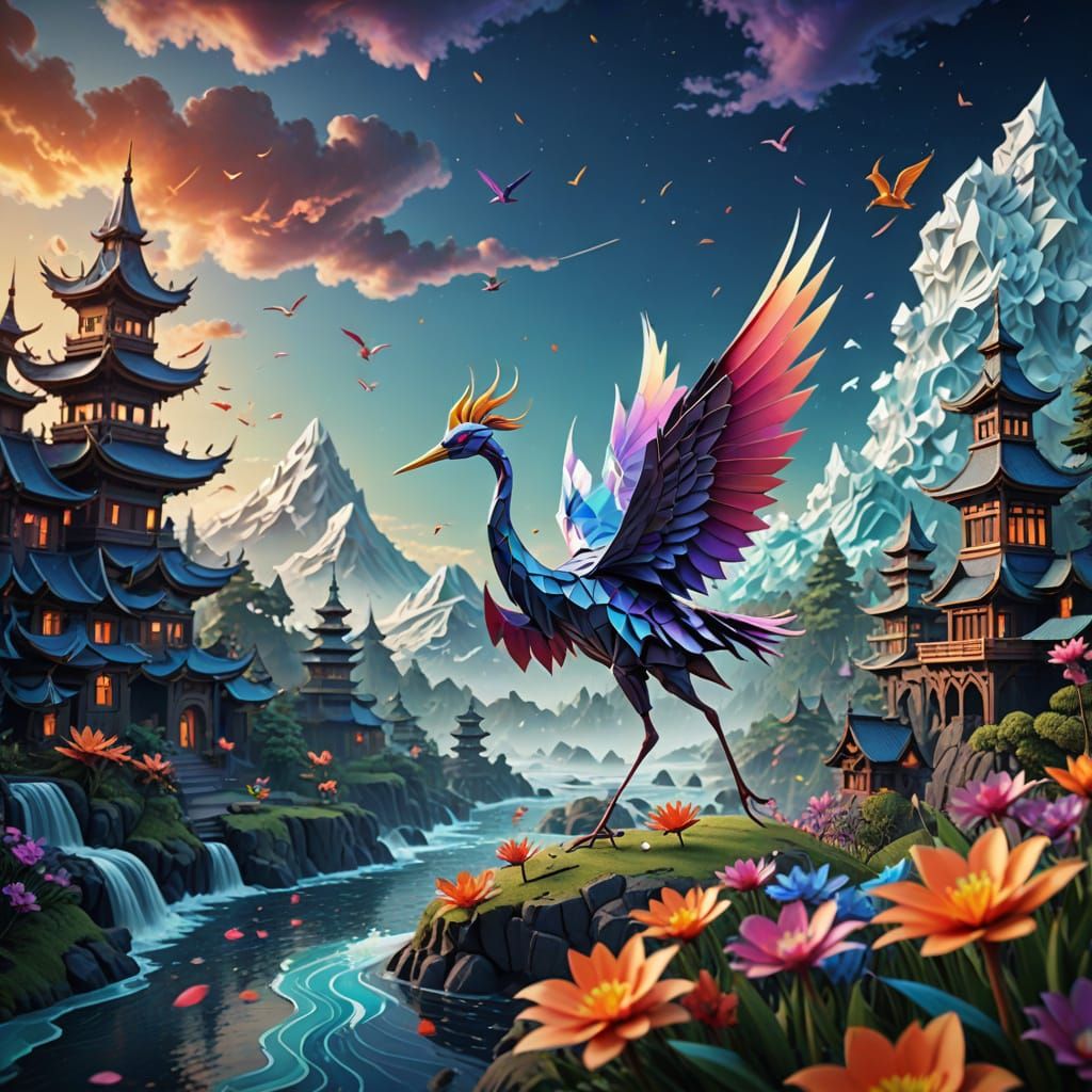 Origami Crane Soaring Through Dreamlike Sky in Detailed Digi...