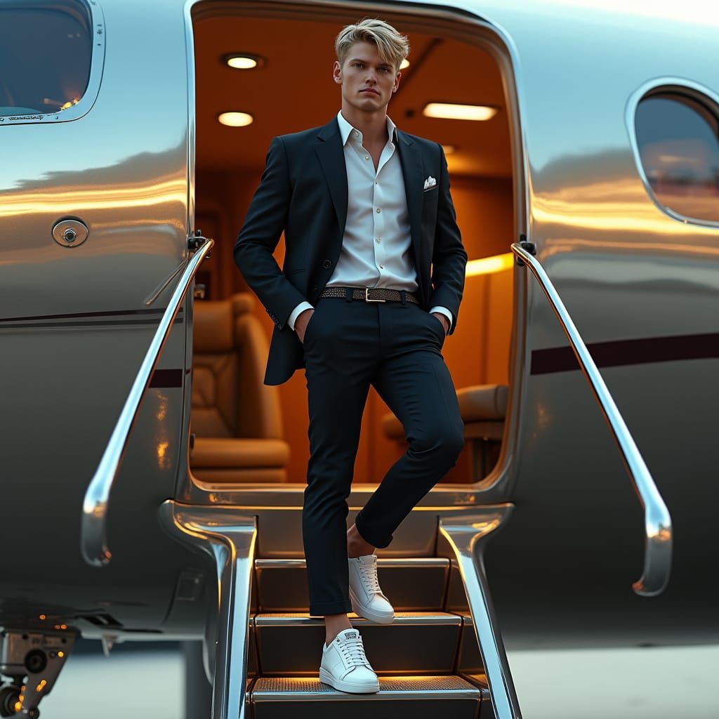 Confident Young Man Exudes Luxury on Private Jet Stairs