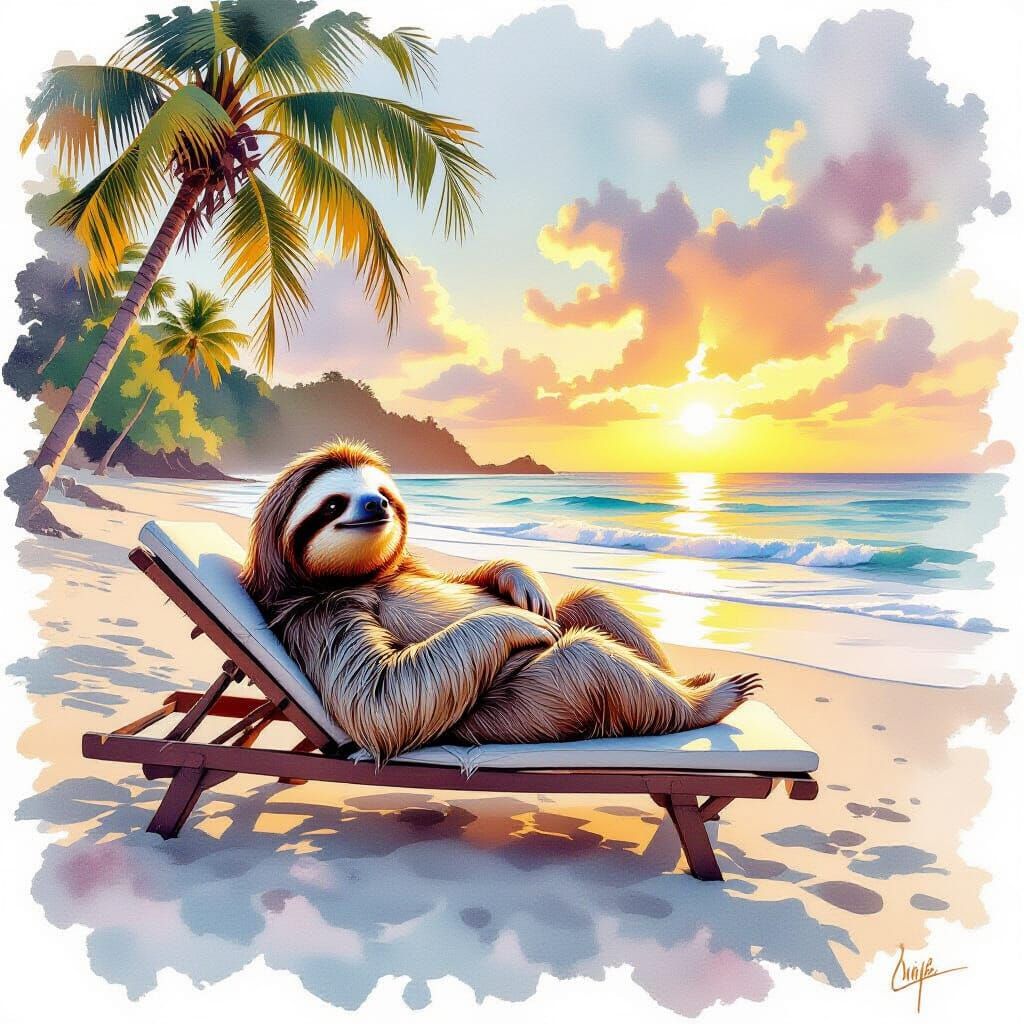 Lazy Sloth on Beach Sunbed Golden Hour
