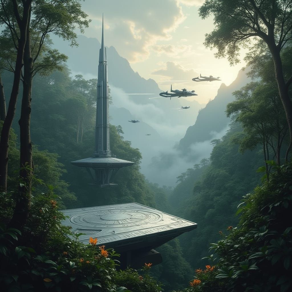 Ethereal Rainforest Aerial Platform in a Futuristic Landscap...