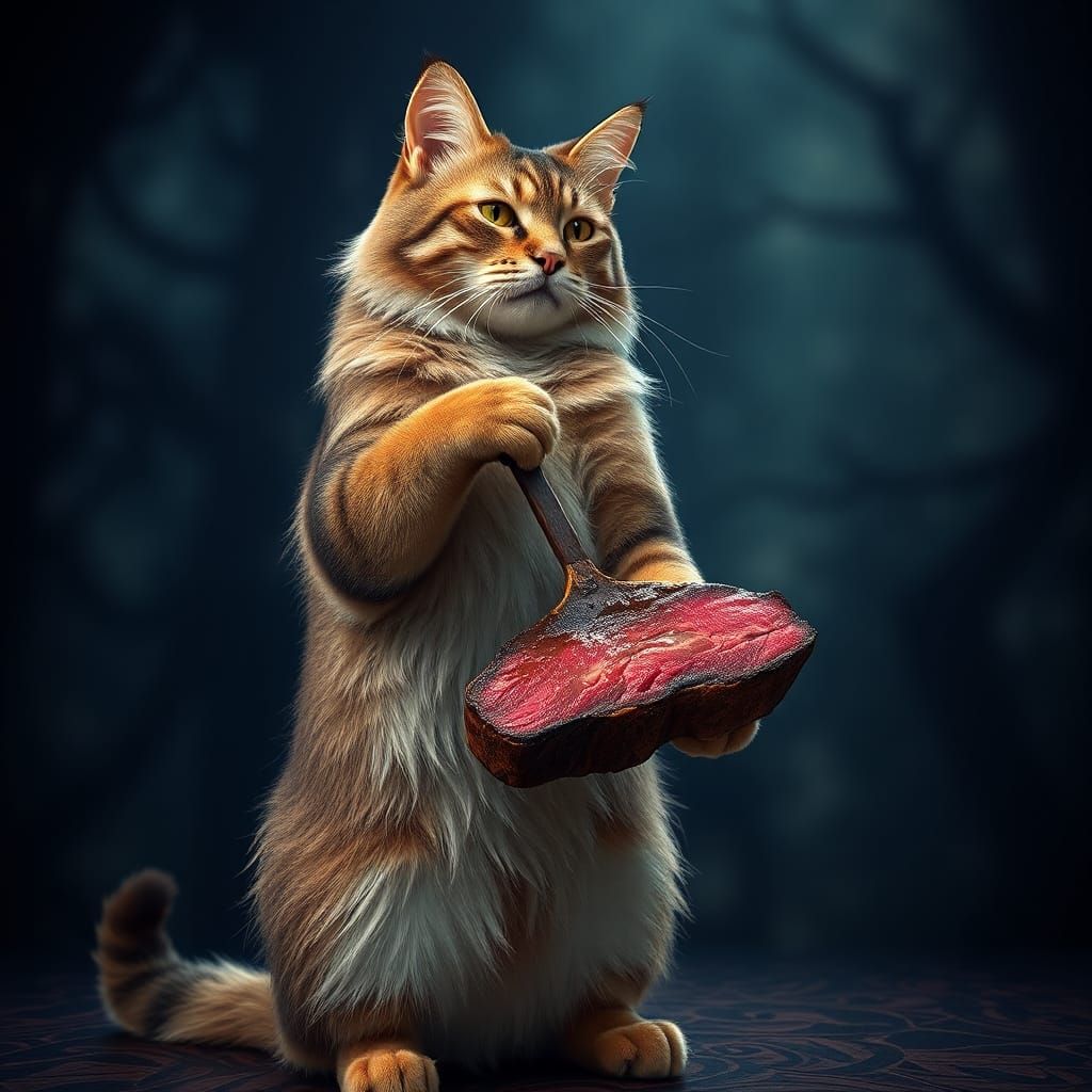 Regal Feline Steakhouse Moment in a Fantastical Realm