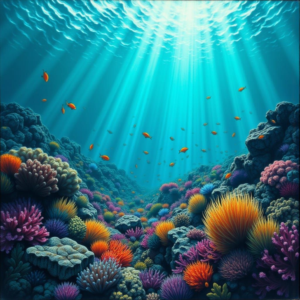 Vibrant Coral Reef with Exotic Fish in Underwater Sunlight