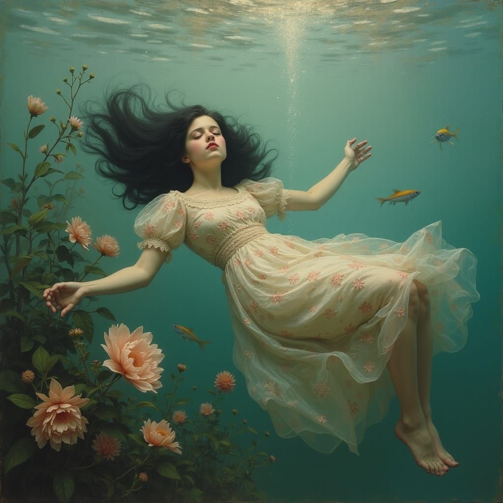 Young Woman Sinks Peacefully Underwater in Ethereal Oil Pain...