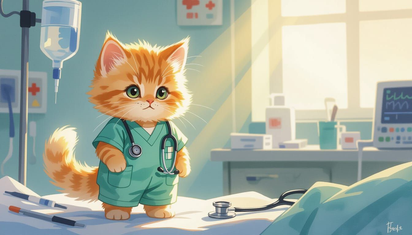 Cute Kitten Doctor in Chaotic ER Watercolor