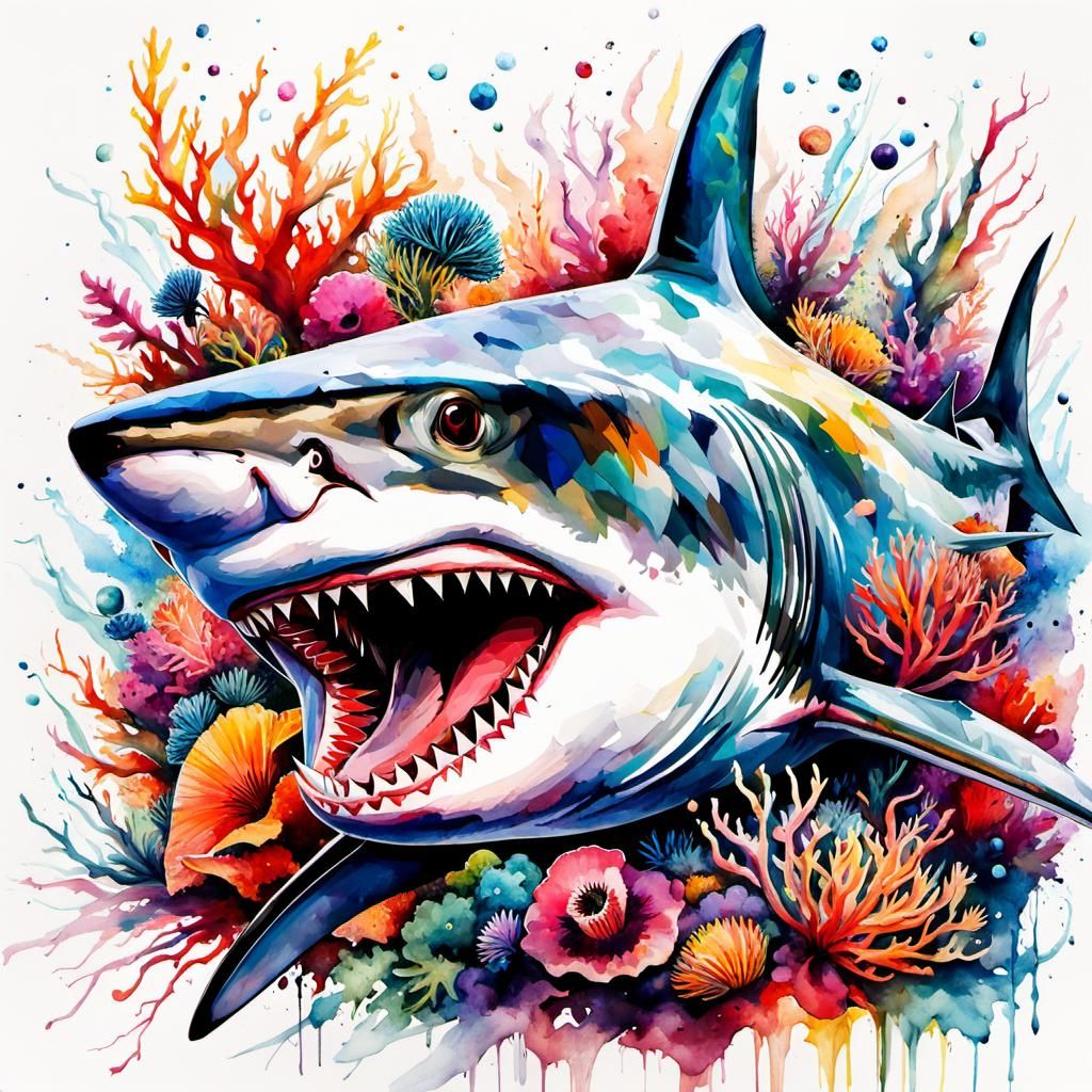 Angry Shark in Deep Sea Watercolor Art
