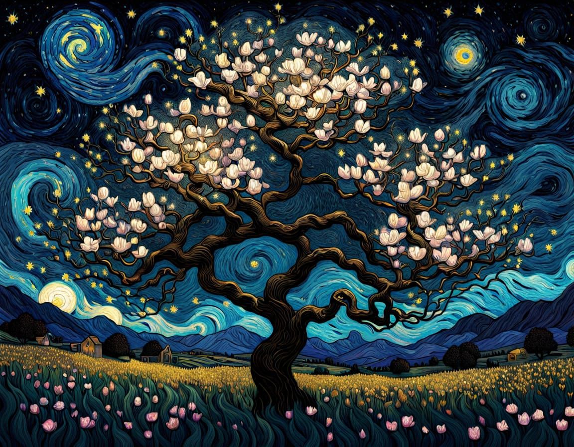 By Vincent van Gogh, starry night, convoluted, and in the style of James R. Eads and Gustav Klimt, a blooming magnolia t...