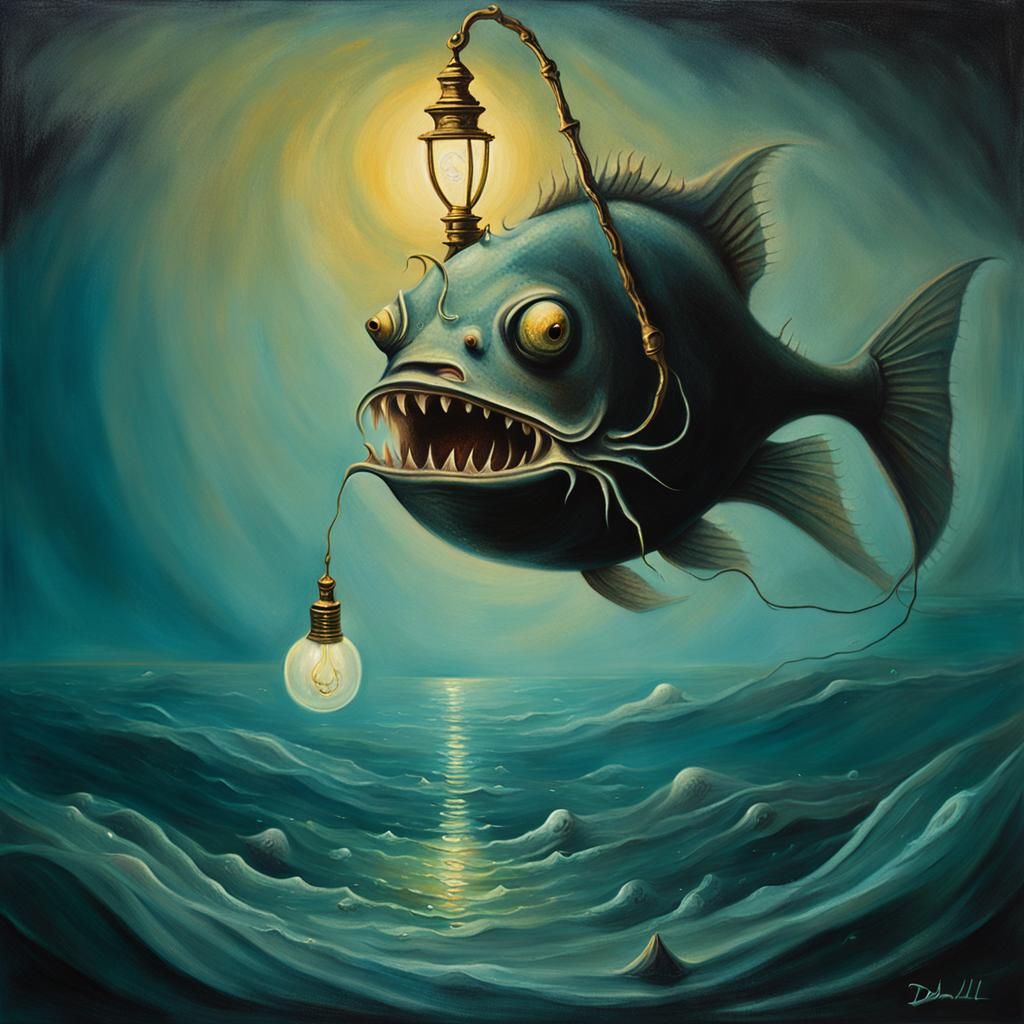 Surreal Anglerfish with Lamp in Dreamlike Sea