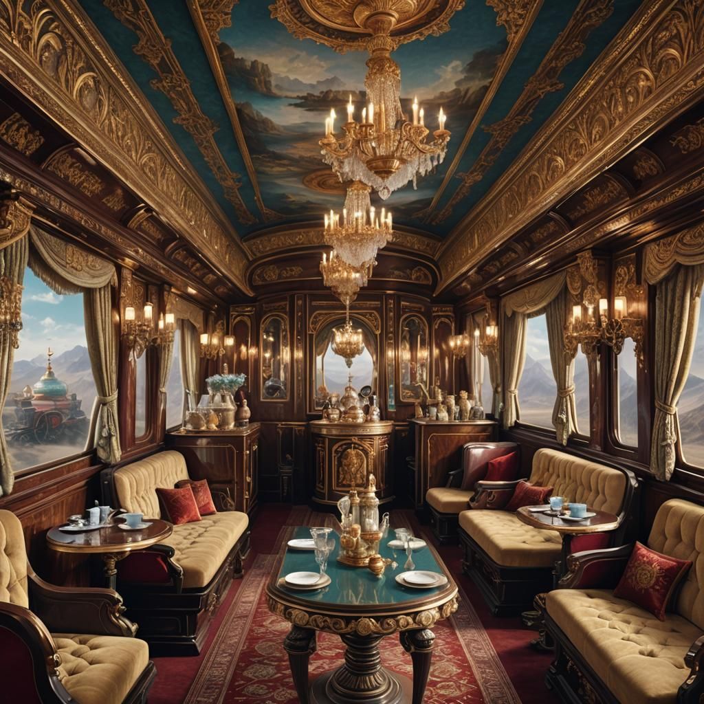Extravagant Fantasy Railway Car Interior in Russian Style