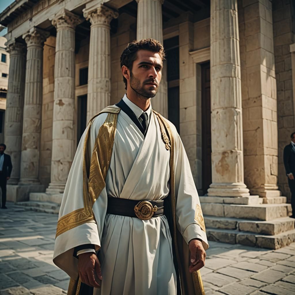Greek Robe Meets Modern Suit: Cinematic Still